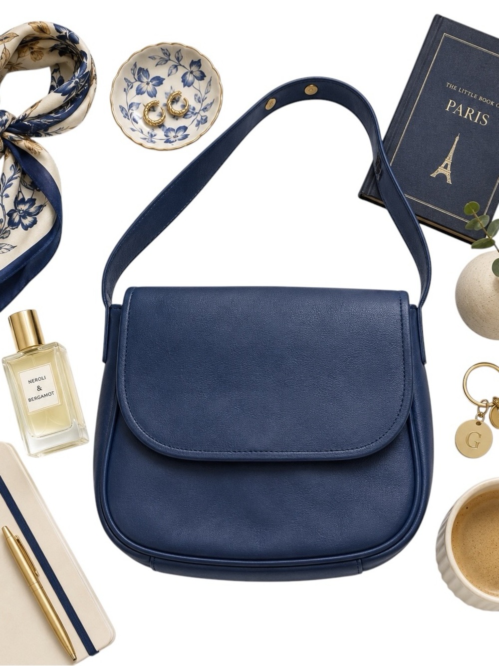 Ganson Navy Blue Genuine Leather Crossbody Bag Vintage Adjustable Flap Shoulder